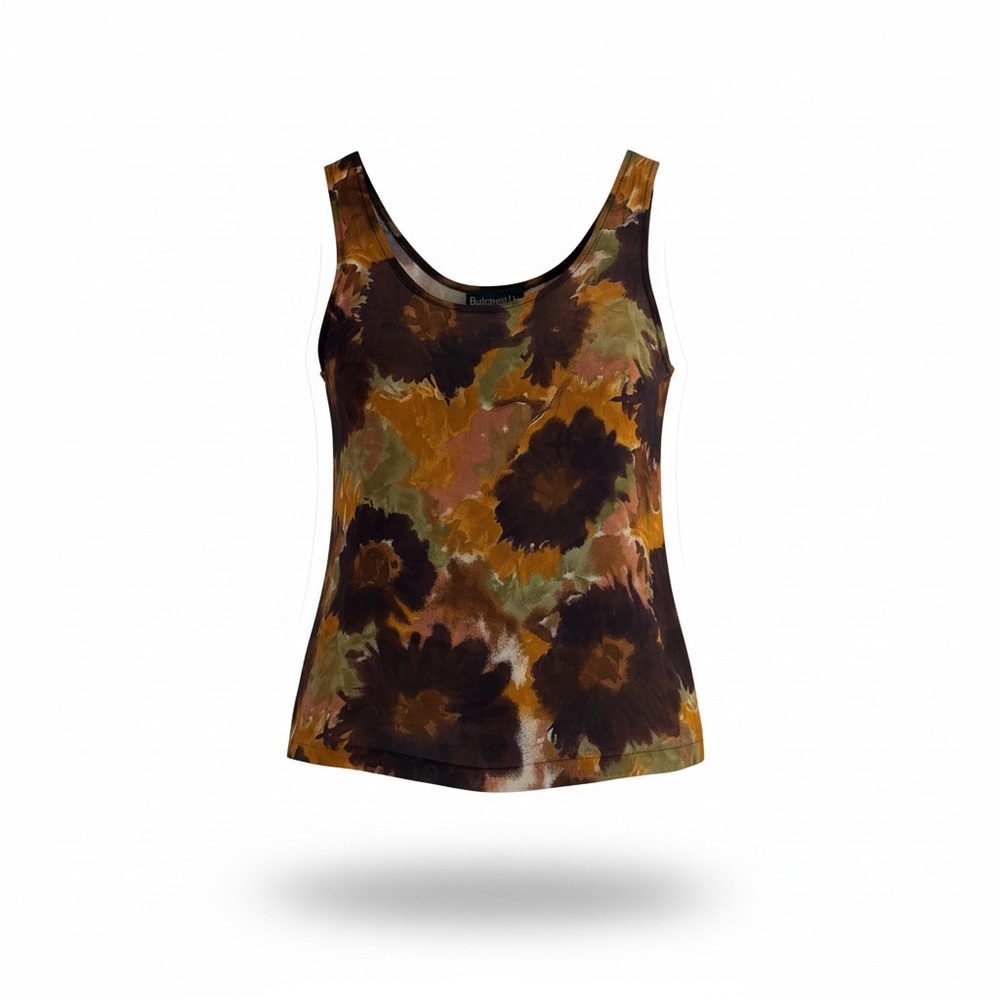 Vintage Buttoned Up Abstract Floral Rayon Tank Top L Brown Orange